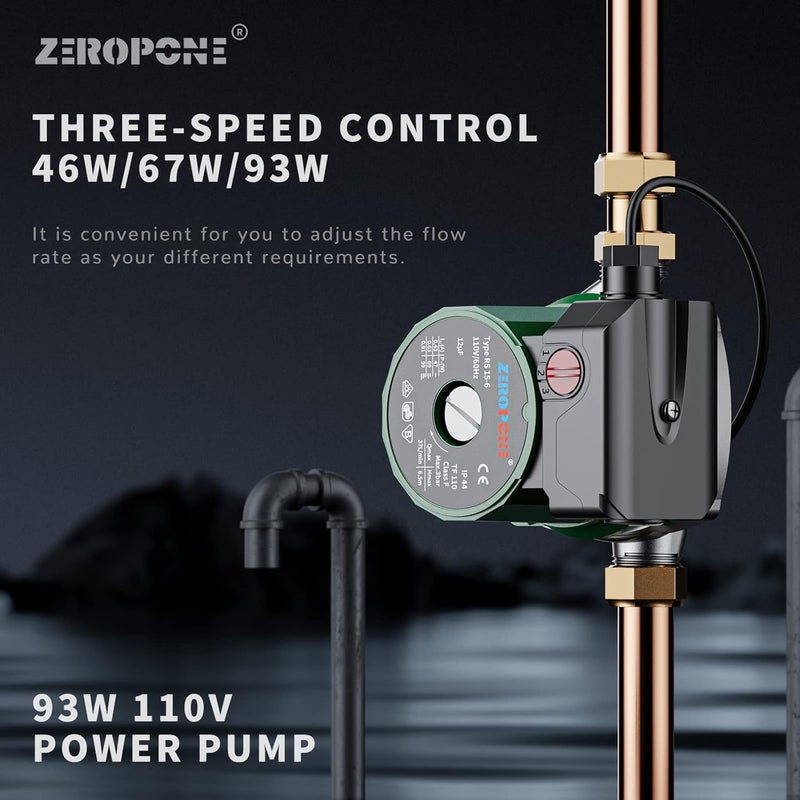 ZeroPone Hot Water Recirculating Pump, 93W Water Circulator Pump NPT 3/4" w/NPT 1/2" Adapter, Stainless Steel Head,15-6S 3 Speed Control for Electric Water Heater System - Image 5